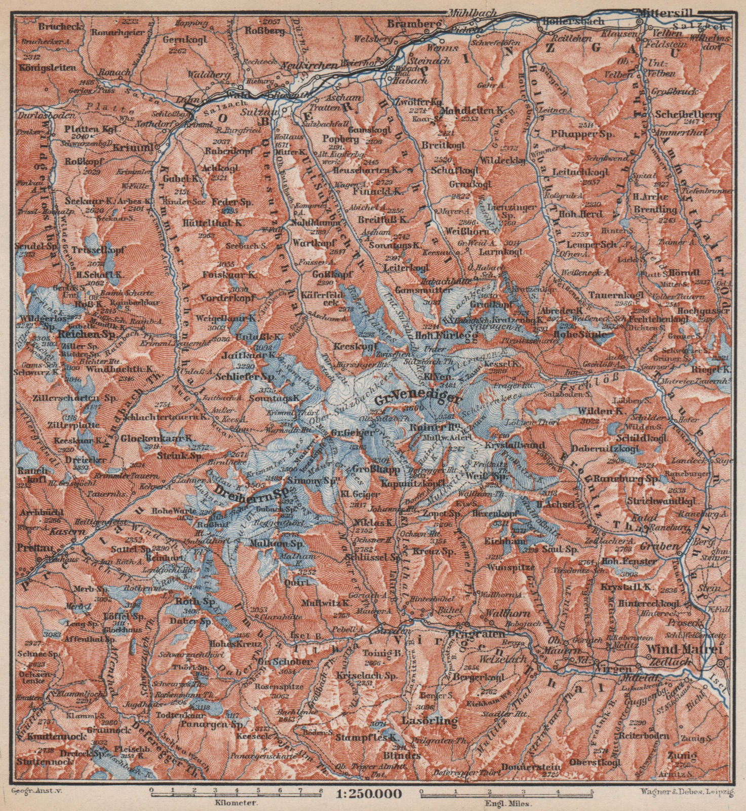 VENEDIGERGRUPPE. OBERPINZGAU. HOHE TAUERN. Mittersill Prägraten  karte 1899 map